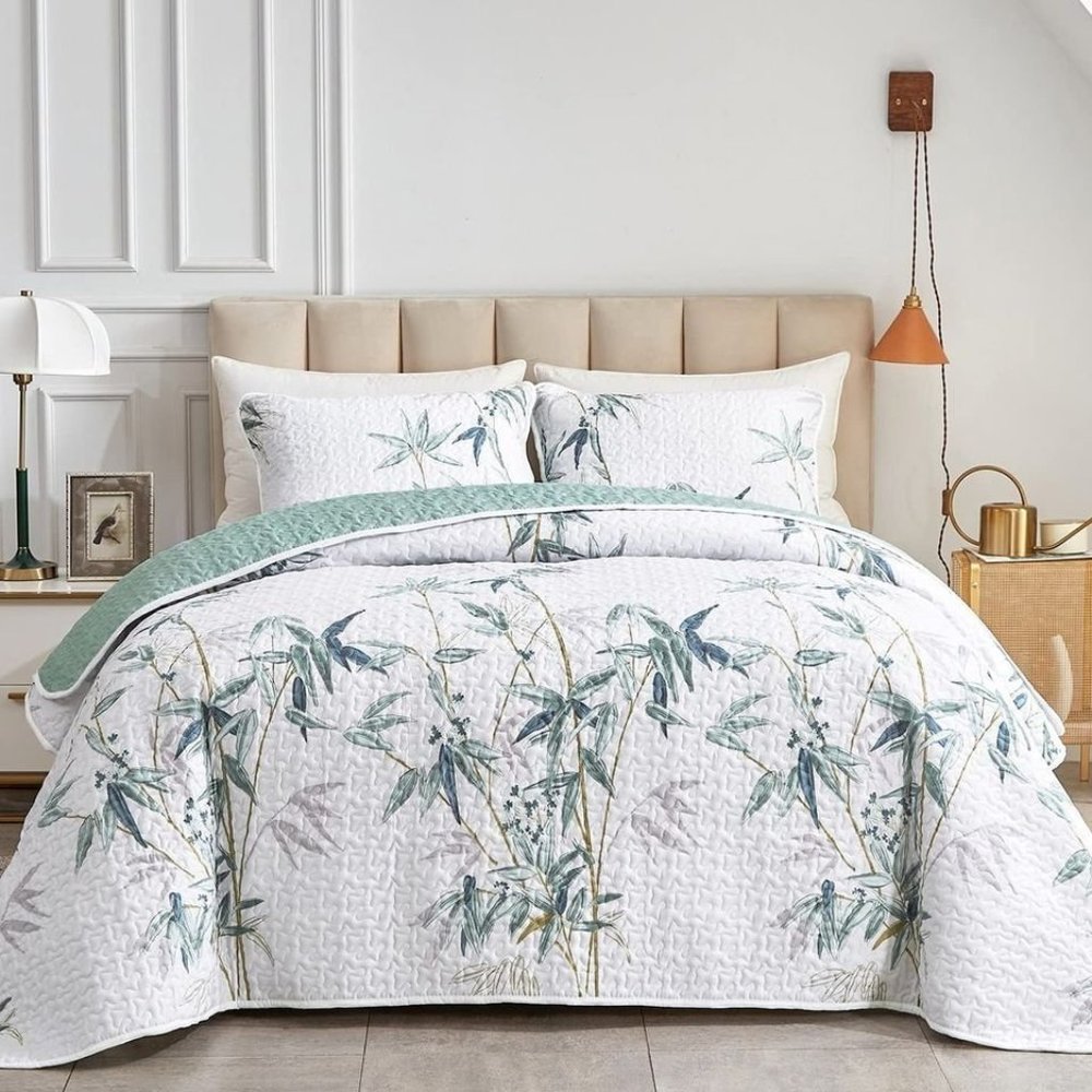 New Green Bamboo 3-Piece Bedding 100% Polyester Quilt Set • Reversible • QUEEN